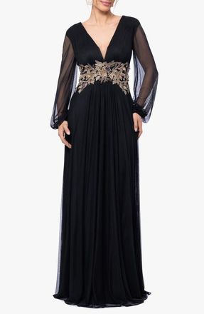 Betsy & Adam Metallic Floral Appliqu&eacute; Long Sleeve Gown in Black/gold at Nordstrom, Size 14