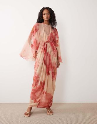 Asos Vestito lungo rosa a fiori a mantella con corpino drappeggiato, gonna e schiena scoperta con nappe-Multi