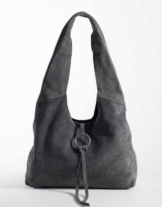 Mango borsa a spalla in suede grigio