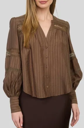 ZOE AND CLAIRE Lace Detail Button Front Stripe Top in Brown at Nordstrom, Size X-Small