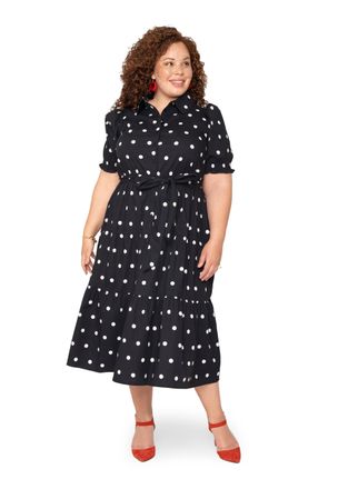 Leota Octavia Puff Sleeve Shirt Dress Small Polka Black White