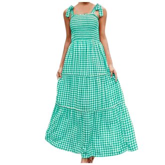 Generic Women Fashion Plaid Sexy Casual Versatile Bow Long Suspender Dress Deep V Dress (Green, M)