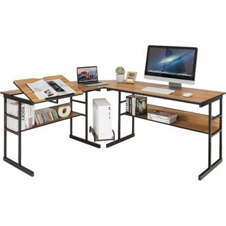 Costway Costway - Scrivania Angolare 170 cm, Scrivania per Computer ad Angolo Moderna con Piano Inclinabile, Scaffale Inferiore e Supporto per cpu, Scrivania