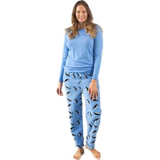Leveret Womens Cotton Top & Fleece Pants Printed Matching Family Holiday Pajama Set in Penguin at Nordstrom, Size X-Large