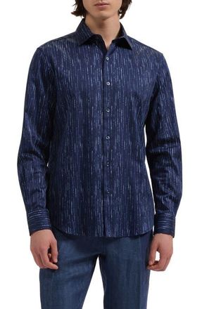 Bugatchi Axel Shaped Fit Chalk Stripe Stretch Cotton Button-Up Shirt in Navy at Nordstrom, Size Xxx-Large