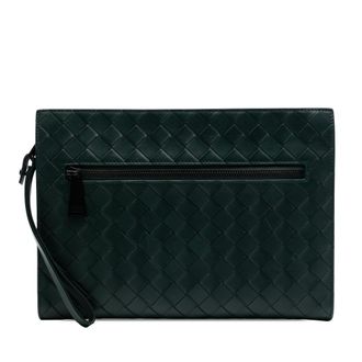Bottega Veneta Pre-owned Womens Small Calfskin Intrecciato Document Case With Wristlet - Dark Green Leather - One Size