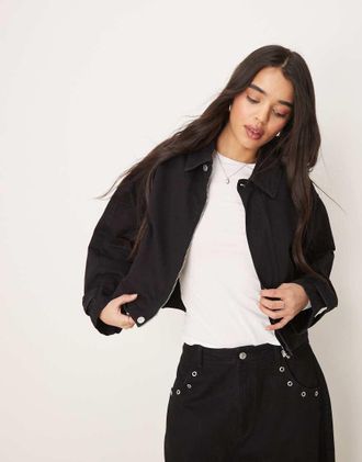 Asos Giacca di jeans nera lavaggio risciacquato con vita regolabile-Nero