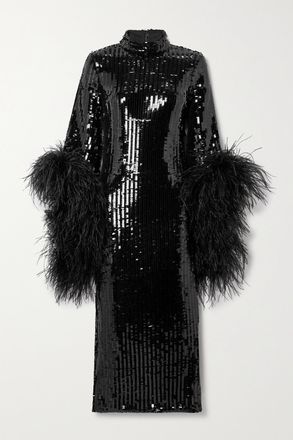 Taller Marmo Abito Midi In Tulle Con Piume E Paillettes Del Rio Disco - Nero