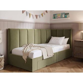 Flair Harley Corner Fabric Bed Frame with Storage Drawers in Green | Size: Single