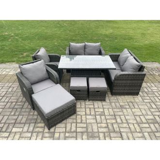 Fimous Pe Rattan Garden Furniture Set Height Adjustable Rising lifting Dining Table With Love Sofa Chair 3 Footstools - Fimous