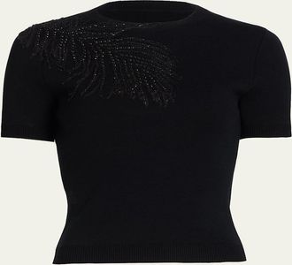 Oscar De La Renta Embroidered Feather Short-Sleeve Sweater