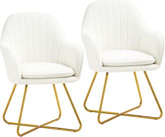HOMCOM Dining Chair Set of 2 - Sherpa Fleece Armchair with Steel Legs - Cream | TJ Hughes