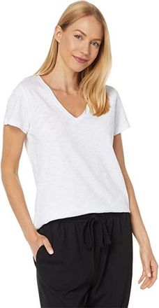 Lilla P V-Neck Short Sleeve Back Seam T-Shirts Womens Clothing White : XS, Cotton