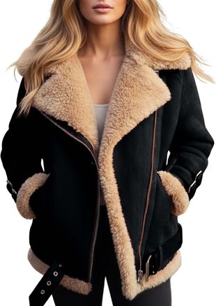 Generic Womens Faux Suede Shearling Jacket with Thick Fleece Warm Winter Coat with Elegant Notch Lapel Buttons Long Sleeve Outerwear for Autumn Winter and Col