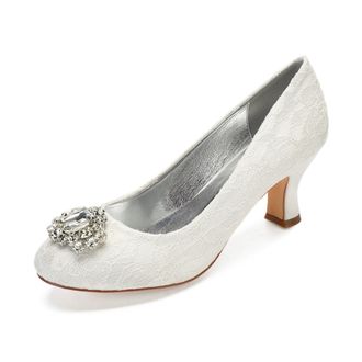 Generic Bridal Round Toe Pumps Womens Comfortable Low Kitten Heel Dress Shoes Wedding Shoes Slip on Work Pumps 6.5Cm,Ivory,8 UK