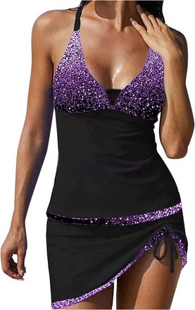 Generic Womens Sexy Glitter Tankini Womens Tummy Control with Skirt, Bikini Womens Tummy Control Halterneck V Neck Push Up High Waist Short Braces Tummy Contr