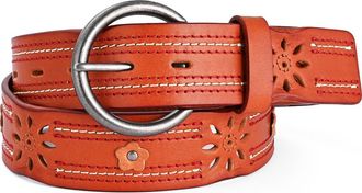 OLD TREND Blossom Genuine Leather Stitched Perforated Detail Belt in Camel at Nordstrom, Size Medium