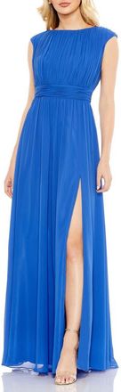 Mac Duggal Pleated Bateau Cap Sleeve A Line Gown in Cobalt at Nordstrom, Size 12