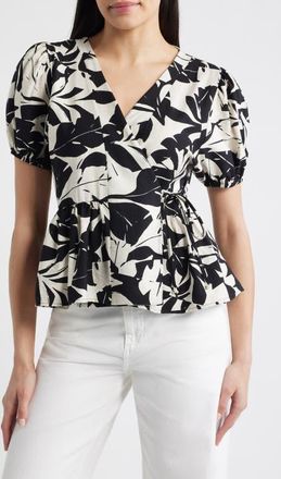 Loveappella Abstract Leaf Print Wrap Top in Ivory/Black at Nordstrom, Size X-Small
