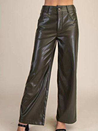 Glam High Waist Wide Faux Leather Pants In Olive