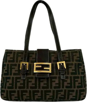 Fendi Pre-owned Handbags, female, Brown, Size: ONE SIZE Pre-owned FF Logo Leather Canvas Handbag
