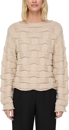 Lafayette 148 New York Chunky Basket Stitch Bateau Neck Wool Sweater