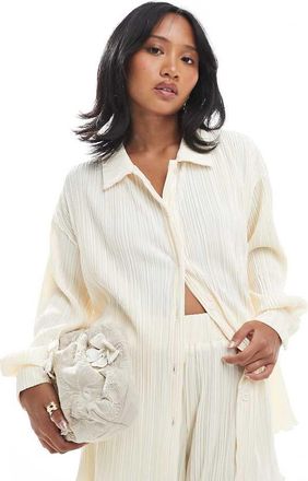 4th + Reckless Petite 4th + Reckless Petite - Camicia pliss&eacute; color crema con bottoni, colletto e fondo ondulato in coordinato-Bianco