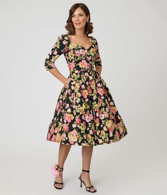 Unique Vintage Woven Sweetheart Neckline Lamar Swing Dress in Black Floral Print at Nordstrom, Size X-Large
