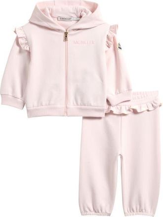 Moncler Kids Ruffle Trim Zip-Up Hoodie & Sweatpants Set in Pink at Nordstrom, Size 12-18M