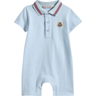 Moncler Stretch Cotton Piqu&eacute; Polo Romper in Light Blue at Nordstrom, Size 18-24M