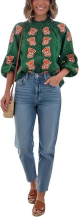 THML Clothing Garden Bloom Ruffle Neck Button-Up In Green