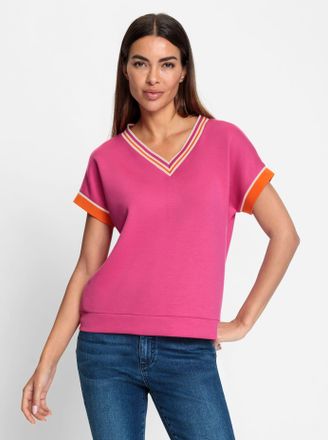 Heine V-Shirt HEINE Shirt, Damen, Gr. 34, bunt (fuchsia, orange), 50% Modal, 44% Polyester, 6% Elasthan, gemustert, unifarben, V-Ausschnitt, Shirts V-Shirt