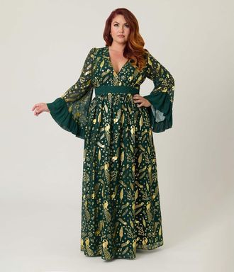 Unique Vintage Plus Size Long Sleeve Empire Waist Maxi Dress in Green & Gold at Nordstrom, Size 2X