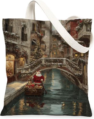 Generic Christmas Santa Canvas Tote Bags, Vintage Holiday Scene Reusable Grocery Bags, Lightweight Washable Shoulder Strap for Trav, Red, 13x15 Inch