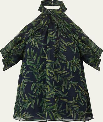 Carolina Herrera Olive-Print Draped Cold-Shoulder Chiffon Halter Blouse