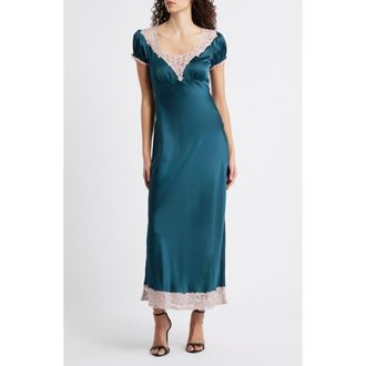 LoveShackFancy Taylis Lace Satin Maxi Dress in Emerald Green at Nordstrom, Size Xx-Small