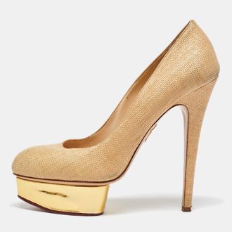 Charlotte Olympia Beige/gold Raffia And Leather Dolly Platform Pumps