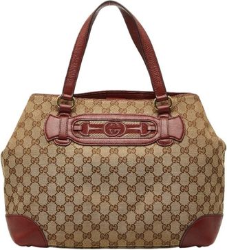 Gucci Beige Red Color Canvas Leather Handbag Tote Bag (Pre-Owned)