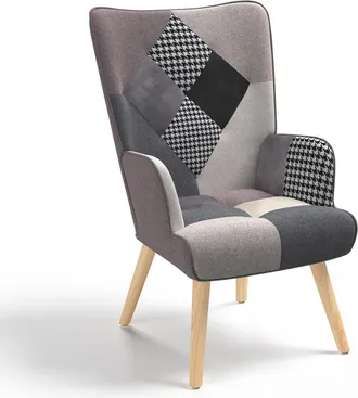 IDMarket Poltrona Scandinava Ivar In Tessuto Patchwork Nero, Grigio E Bianco