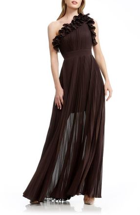 Dress The Population Vida One-Shoulder Pleated Chiffon Gown in Mocha at Nordstrom, Size Xx-Small