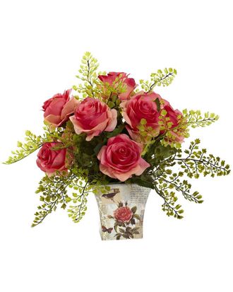 Nearly Natural Rose & Maiden Hair With Floral Planter