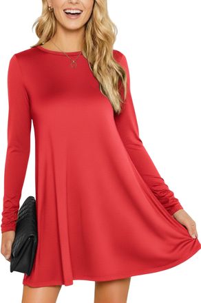 Re Tech UK Womens Ladies Long Sleeve Midi Plain Flared A line Skater Swing Dress Jersey Tee, M/L 12-14, Red