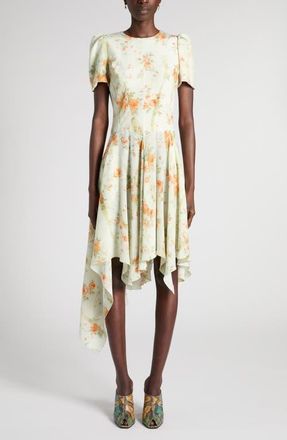 Alexander McQueen Floral Print Asymmetric Hem Silk Dress in Stone - Tangerine at Nordstrom, Size 38