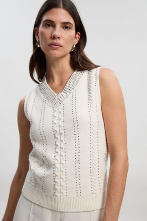 Karen Millen Womens Embellished Hotfix V Neck Knit Tank - White Cotton - Size X-Small