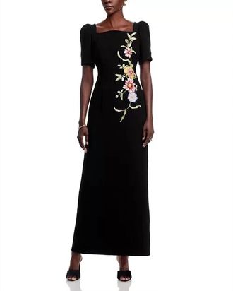 Teri Jon Floral Appliqu&eacute; Crepe Gown In Black