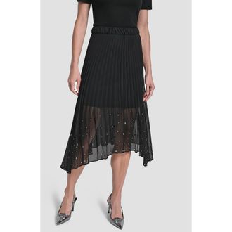 DKNY Studded Pleated Chiffon Midi Skirt in Black at Nordstrom, Size X-Small