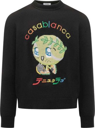 Casablanca Black Wool Sweater With Tennis Print And Logo