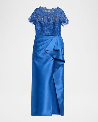 Theia Selena Draped Floral Lace & Mikado Column Gown