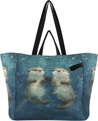 Generic Otter Blue Sea pattern Reusable Canvas Tote Bag, Heavy Duty Grocery Shopping Bag with Large Capacity Double Handles Hard Bottom Work Groceries Travel