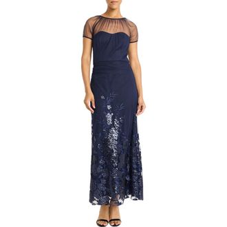 Maggy London Floral Appliqu&eacute; Detail Mesh Gown in Navy at Nordstrom, Size 16